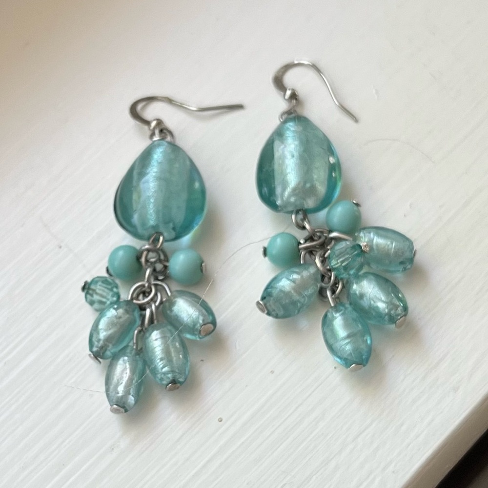 Aqua Teal Green Cluster Dangle Stone Earrings No Tarnish 2-1/2” Drop